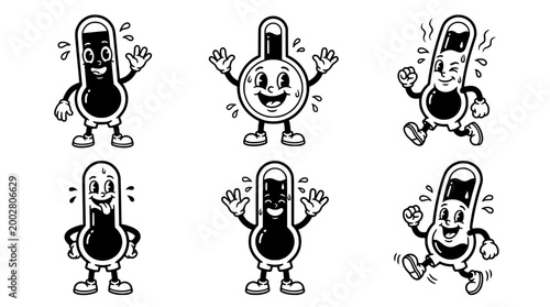 This image features lively cartoon thermometer characters showcasing various emotions that bring an entertaining and playful vibe, ideal for educational purposes or children's content.