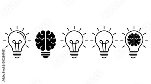 Brain in light bulb icon set. Creative, generating idea, solution , knowledge, lamp - stock vector.