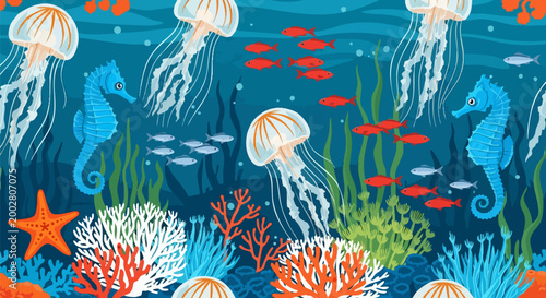 Underwater seamless pattern with jellyfish and seahorses, ocean life background with coral reef and sea creatures, aquatic nature vector illustration