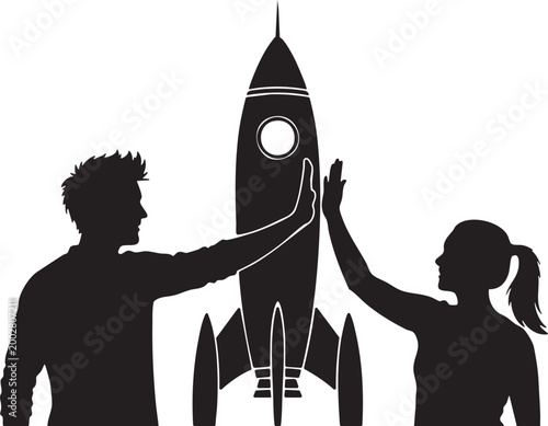 Quadro su tela Rocket ship silhouette with people giving a high five black and white vector ill