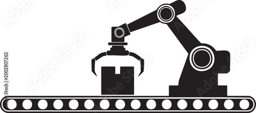 Industrial robotic arm silhouette with gripper holding a box on a conveyor belt black and white high quality professional detailed modern
