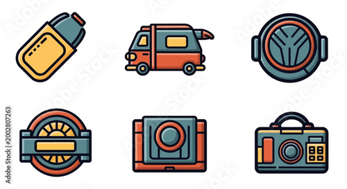 Retro Gadgets and Vehicle Icons: USB, Camper Van, Camera, Badge