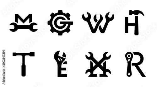 Black metal industrial tools icons set.
