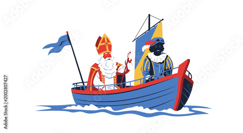 Saint Nicholas and Zwarte Piet on a boat, Dutch tradition