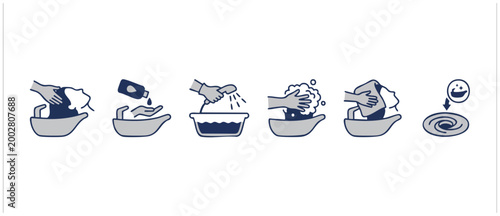 Hair washing process icon set, professional salon steps showing shampooing, rinsing and drying technique for infographic design, isolated on white background, simple linear style vector illustration.