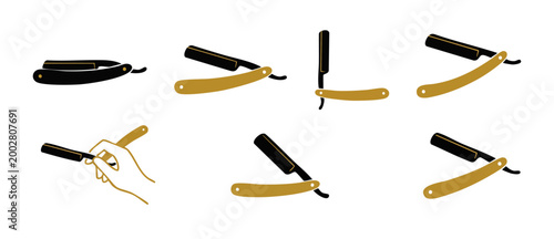 Straight Razor Icon Set, Vintage Barber Tools and Hand Holding Blade. Collection of Sharp Shaving Equipment Symbols for Grooming, Hairdressing, Retro Salon Design and Traditional Wet Shave Procedures.