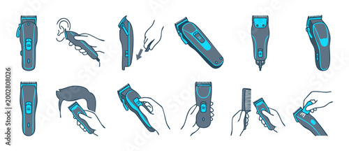 Hair Clipper Icon Set Vector Illustration, Professional Barber Trimmer Tools for Haircut, Styling and Grooming Procedure Steps, Modern Flat Line Art Design for Salon Equipment and Personal Care Concep