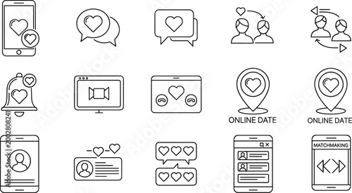 Set of Online Dating, Matchmaking, and Communication Icons in Line Art Style for Love, Relationship, and Dating Apps