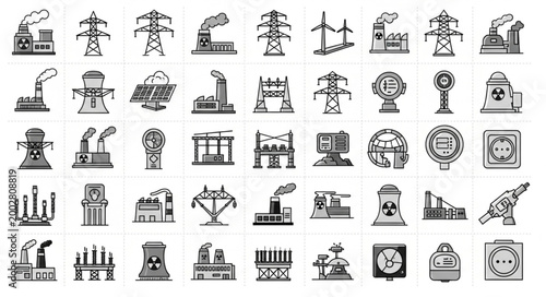 Collection of Industrial Factory and Power Plant Icons.