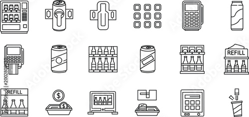 Set of Vending Machine, Refill, and Beverage Icons in Line Art Style for Automatic Drink Dispensing and Payment Systems