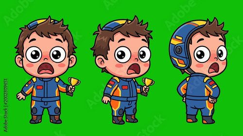 Cute Cartoon Race Car Driver Holding a Trophy with Surprise Expression.
