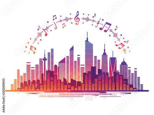 City Skyline Equalizer with Music Notes for Urban Sound and Nightlife Theme