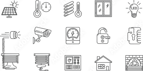 Smart Home Technology and Energy Efficiency Icon Set Featuring Solar Panels Security Camera LED Lighting and Sustainable House Maintenance Graphics
