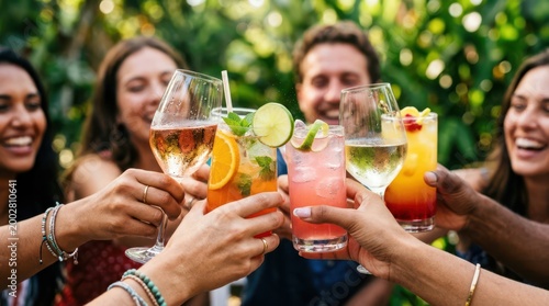 A group of diverse friends clinking colorful summer drinks and wine glasses during a sunlit garden party, focusing on the toast with a heavily blurred social background.