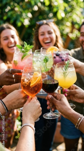 A group of diverse friends clinking colorful summer drinks and wine glasses during a sunlit garden party, focusing on the toast with a heavily blurred social background.