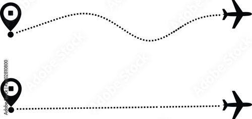 Set of Flight Path Icons with Dotted Lines for Travel, Aviation, and Transportation – Airplane Route and Navigation Vectors