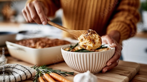 A hand prepares a delicious home-cooked meal, elegantly serving a creamy casserole accompanied by fresh vegetables, emphasizing the beauty of culinary art in everyday life.