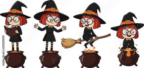 Witch Character Icon Set Featuring Magical Cauldron, Broom, and Spellbinding Actions for Halloween, Fantasy, and Cartoon Designs