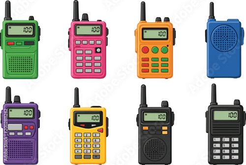 Walkie-Talkie Icon Set Featuring Colorful Communication Devices for Technology, Communication, and Outdoor Activities Designs