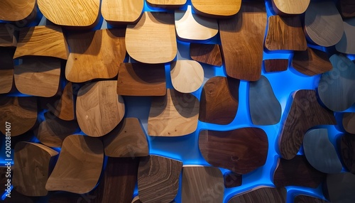 Wooden spoons on a market. Wooden Panel Wall with Blue Light.