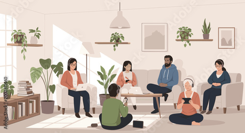 Group of people circle seated for a casual discussion session.