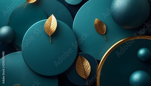 Teal Sphere and Gold Leaf Abstract, background.