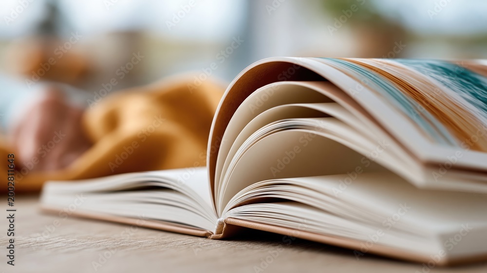 Fototapeta premium An artistic view of an open book displaying vibrant colors and textures, evoking a sense of creativity and imagination, perfect for literary-themed projects.