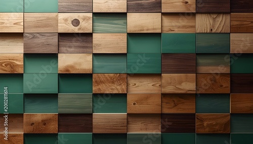 Wood and Green Tile Geometric Wall Pattern, Background.