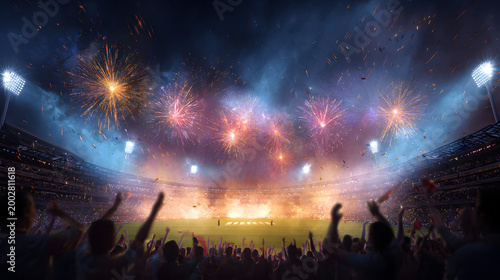 Fireworks in the cricket stadium after winning the tournament and the World Cup.