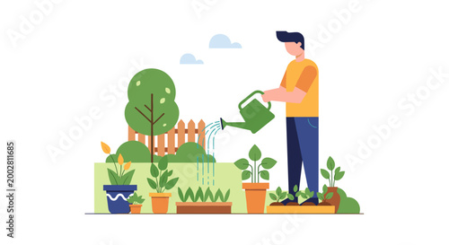Gardener watering plants in garden scene.
