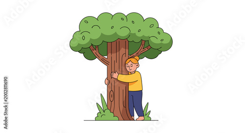 Cartoon Person Embracing A Tree In Friendly Scene.