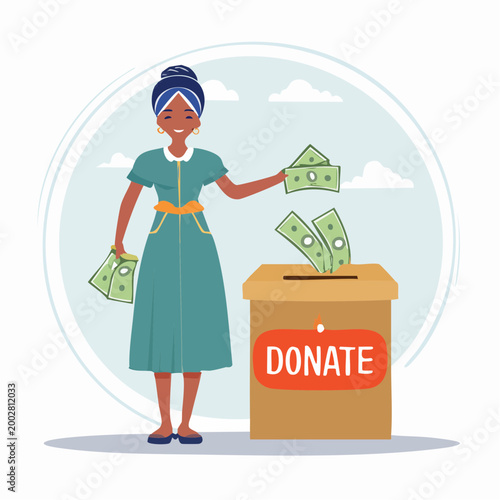 Woman Donating Money to Charity Box