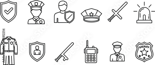 Set of Police and Law Enforcement Icons Including Shields, Officers, Sirens, and Tools for Security, Protection, and Public Safety Digital Media Designs