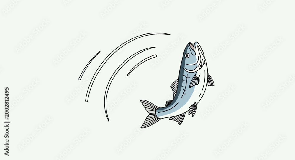 Fototapeta premium A lively fish leaps from the water, caught in a moment of energetic motion with dramatic curved lines indicating movement and splash