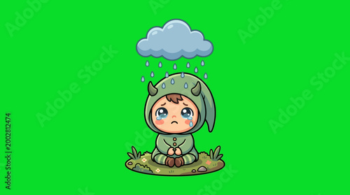 Cute Cartoon Character with Rain and Sad Expression on Green Background.