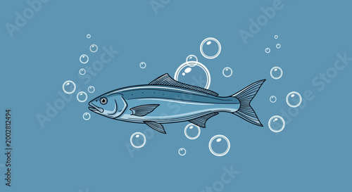 A detailed illustration of a single blue fish swimming in the water with many bubbles around it on a solid blue background, concept of underwater life