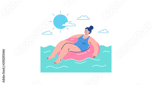 Woman relaxing in inflatable ring on water under sun in a vector illustration