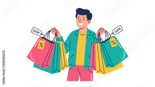 Happy shopper holding shopping bags with sale tags depicting discounts on white background