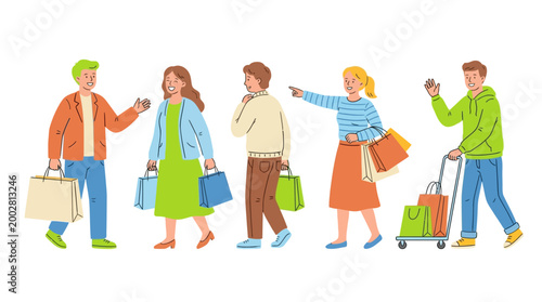 Diverse group of people shopping with bags illustrating retail and consumerism