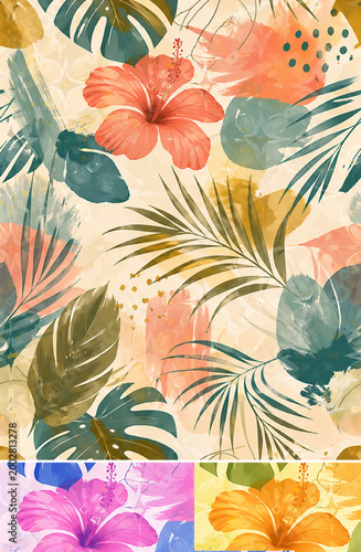 Fotografia Seamless tropical abstract floral pattern with painterly monstera leaves, palm fronds, and hibiscus blooms in coral, teal, mustard, and cream tones