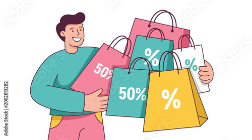 Happy person carrying shopping bags with sale percentages isolated on white