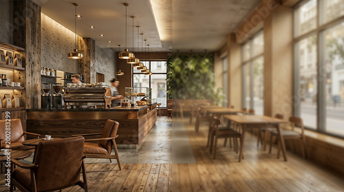 Modern Cafe Interior with Wooden Furniture and Warm Pendant Lights
