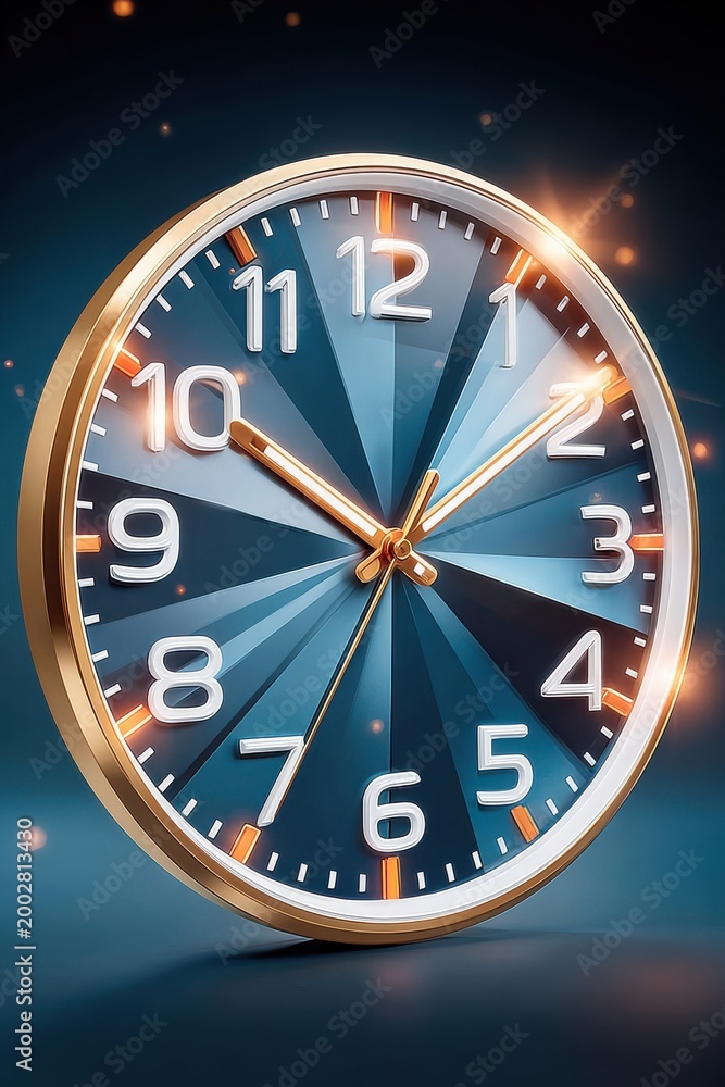 Fototapeta premium Blue geometric clock face with glowing gold hands and modern timepiece design