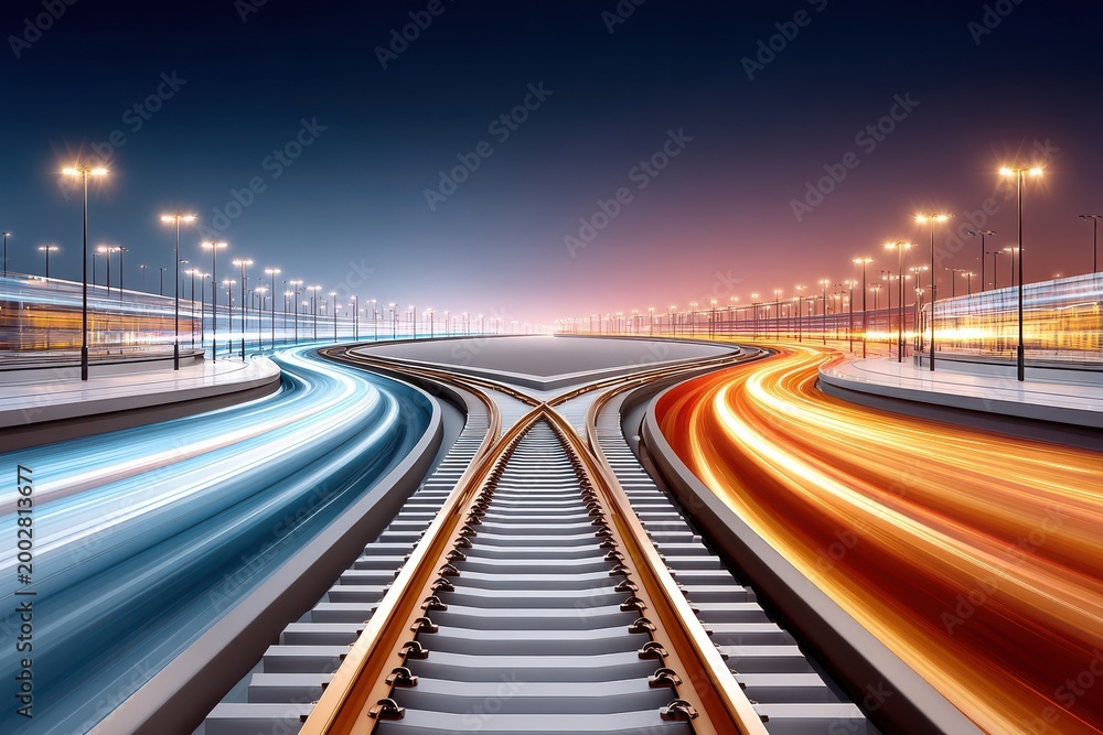 Fototapeta premium Futuristic train tracks with glowing blue and orange light trails at a night junction