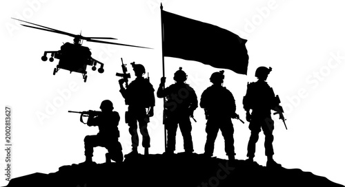 Background of armed usa military soldier at war with gun rifle, american flag and helicopter. Male commando force, veteran or security army icon. Fourth of july independence or memorial day silhouette