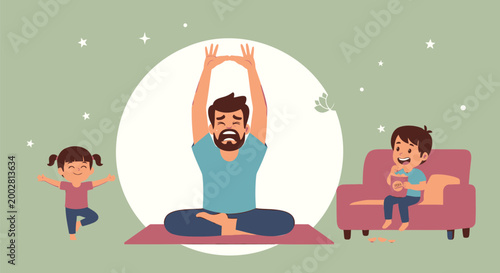 Family yoga, happy family, yoga at home, wellness illustration, vector