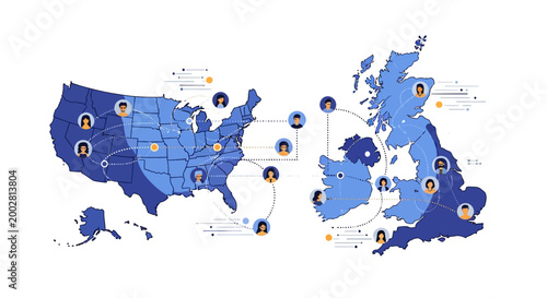 Conceptual illustration featuring a map of the United States and the United Kingdom in shades of blue, connected by lines and profile icons representing global communication