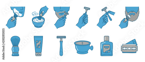 Shaving and Grooming Icons Set: Razors, Brushes, and Skincare Routine Tools for Men. Flat Vector Illustration for Barber Shop, Daily Personal Care, Hygiene, Spa, and Hair Removal Procedures, Blue Styl