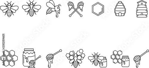 Set of Bee and Honey Icons Featuring Bees, Honeycomb, Hive, and Honey Dipper for Beekeeping, Organic Products, and Nature Design Media