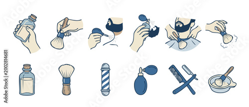 Barber shop service icons set with shaving tools and grooming procedures for men, featuring brush, razor, powder puffer and lotion bottle in a modern flat vector illustration style for design projects